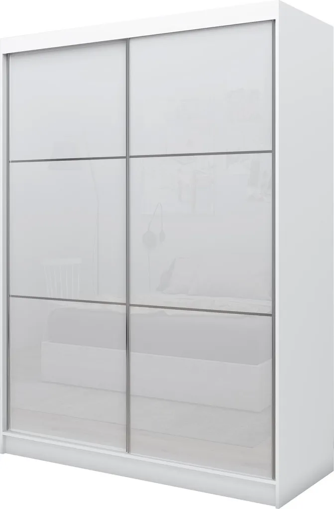 Moderner Kleiderschrank Schwebetürenschrank Weiß mit Spiegel 120 150 180 200 cm - Weiß Matt Kleiderschrank für Schlafzimmer mit Schiebetüren - Kleiderstange - 160 cm - Weiß + Lacobel